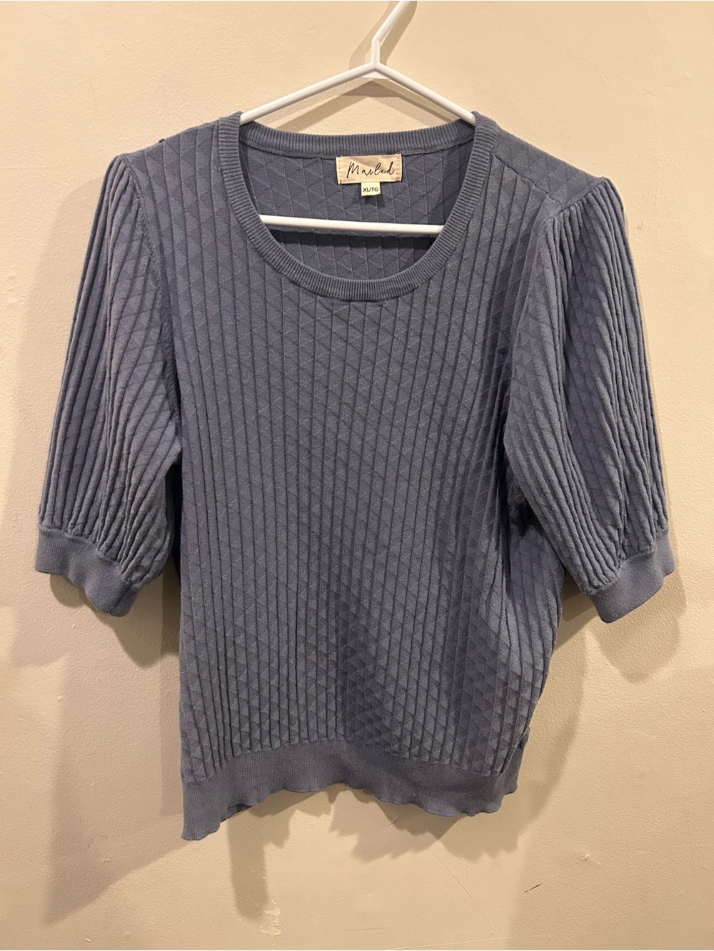 Marled Slate Blue Ribbed Short-Sleeve Crew Sweater